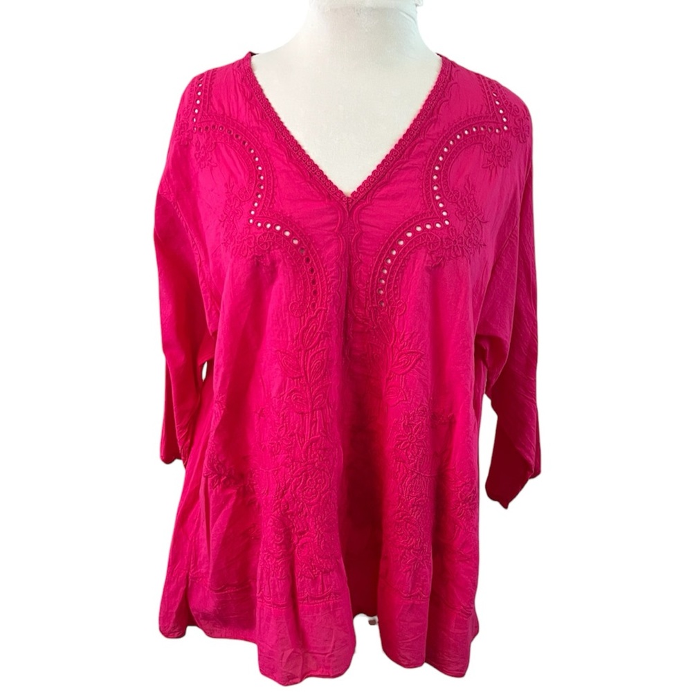 Johnny Was Embroidered V Neck Blouse - Large